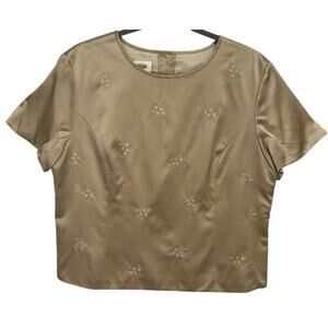 Talbots Women's Size 14 Gold Embroidered Short Sleeve Silk Blouse Top